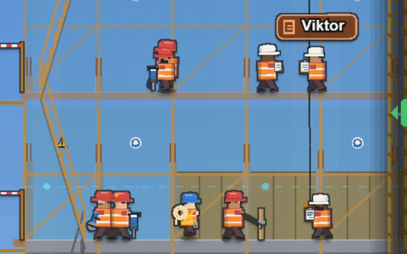 Orange-vest builders in the scaffolding above the working floor, one with the name tag Viktor.